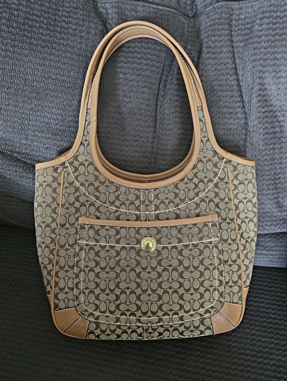 COACH 11295 Ergo Shoulder Bag Brown Khaki Signature Jacquard Tan Leather Trim